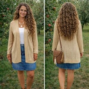 Chicos Pointelle Knit Open Front Cardigan Tan Yellow Rayon Cotton Size 2 L Large